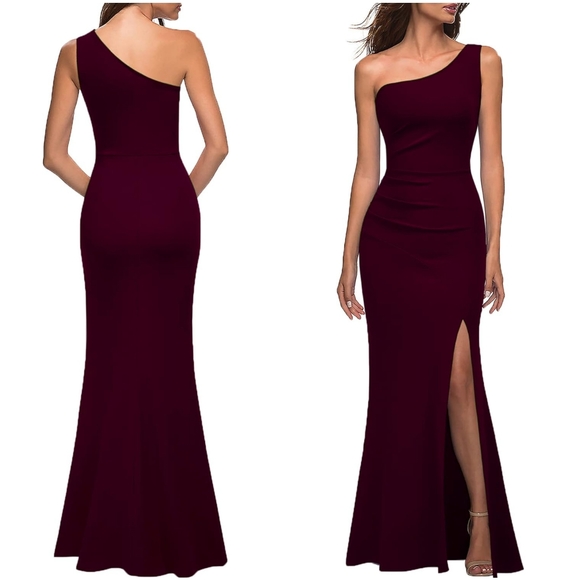 NWT Mushare Dark Red One Shoulder Ruched Cocktail Formal Long Maxi Dress XL - Picture 2 of 13